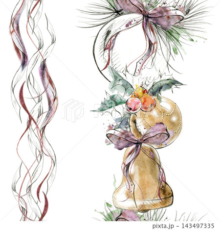 Globe and bell baubles in holly leaves and evergreen conifer branches, flowing serpentine ribbon stripes. Seamless pattern hand drawn in pencil and watercolor. Holiday textiles, Xmas retail displays. Globe and bell baubles in holly leaves and evergreen conifer branches, flowing serpentine ribbon stripes. Seamless pattern hand drawn in pencil and watercolor. Holiday textiles, Xmas retail displays. 143497335