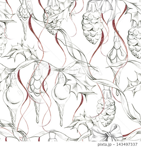 Curled serpentine ribbons, finial drop ornaments, holly leaves and snowy pine cone baubles. Seamless pattern hand drawn in graphite pencil. Christmas gift packaging, craft papers, wallpaper prints. 143497337