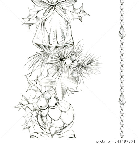 Round baubles, bell and star Christmas ornaments, rhinestone crystal drops chain, ribbon bows. Seamless pattern hand drawn in pencil linework and shading. Textile prints, New Year eve retail branding. 143497371