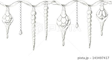 Vintage icicle drops, slender globe finial ornaments, rhinestone crystal chains on flowing ribbon, hand drawn pencil seamless banner. Magazine dividers, Christmas trims, festive landing page headers. Vintage icicle drops, slender globe finial ornaments, rhinestone crystal chains on flowing ribbon, hand drawn pencil seamless banner. Magazine dividers, Christmas trims, festive landing page headers. 143497417