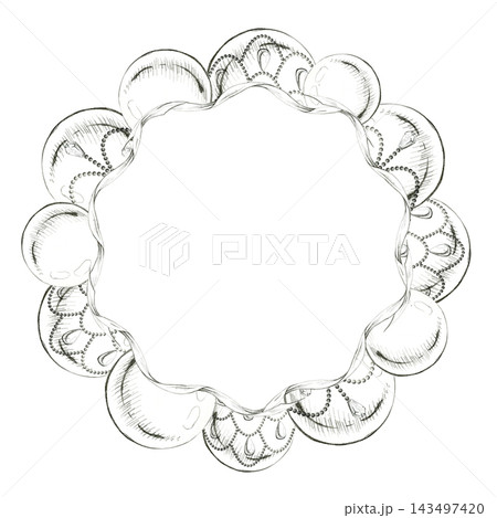 Vintage beaded mercury glass globe baubles, crystal festoons. Round wreath frame, illustrated hand drawn pencil artwork. Christmas event invitations, packaging trims, holiday posters, web graphics. 143497420