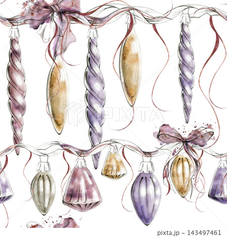 Onion, ovoid, spiral icicle, bulb ornaments, bell baubles on ribbon bows. Seamless vintage pattern hand drawn in pencil, watercolor metallic wash. Gift wrap sheets, candy packaging, festive textiles Onion, ovoid, spiral icicle, bulb ornaments, bell baubles on ribbon bows. Seamless vintage pattern hand drawn in pencil, watercolor metallic wash. Gift wrap sheets, candy packaging, festive textiles 143497461