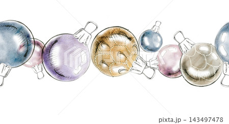 Shiny mercury glass globe baubles, beaded crystals. Seamless elegant vintage banner hand drawn in pencil and watercolor. Advent calendars, greeting cards, packaging borders, holiday website graphics. Shiny mercury glass globe baubles, beaded crystals. Seamless elegant vintage banner hand drawn in pencil and watercolor. Advent calendars, greeting cards, packaging borders, holiday website graphics. 143497478