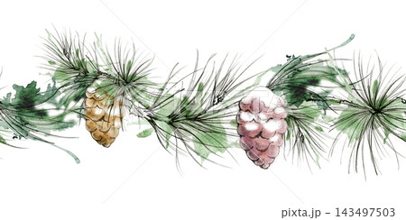 Pinecones in snow, evergreen conifer twig with detailed needles natural festive seamless banner. Hand drawn in pencil and watercolor. Rustic packaging, craft papers, seasonal catalogs, farmhouse decor Pinecones in snow, evergreen conifer twig with detailed needles natural festive seamless banner. Hand drawn in pencil and watercolor. Rustic packaging, craft papers, seasonal catalogs, farmhouse decor 143497503