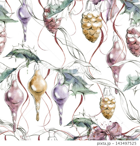 Twisted spiral and bauble finials in holly leaves, curled vintage ribbons, pine cones in snow. Seamless Xmas pattern hand drawn in pencil and watercolor. Textile design, planner covers, wrapping paper 143497525