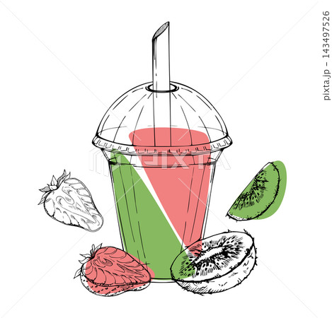 Ripe strawberry berry, kiwi fruit divided detox smoothie in takeaway dome lid cup. Isolated illustration, hand drawn ink line vector graphic. Fast snack packaging, youth cafe decor, street food menus 143497526