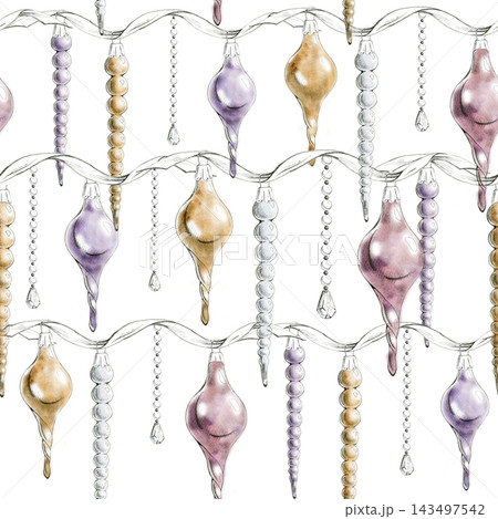 Icicle finials, slender drop ornaments, shiny crystal chains on ribbon. Elegant seamless winter pattern, hand drawn illustration in pencil and watercolor. Window decals, wrapping paper, Advent crafts 143497542