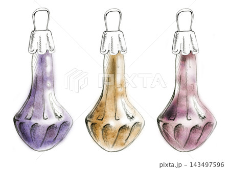 Pear bauble, elegant ornament with smooth curves, vintage holiday styling. Hand drawn illustration in pencil and watercolor, metallic shine. Greeting cards, festive branding, Christmas label design. 143497596