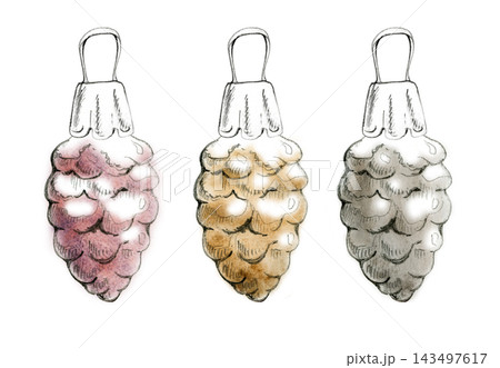 Woodland pine cone ornament with textured scales and snow, classic rustic holiday character. Pencil hand drawn sketch with gentle metallic watercolor tinting. Winter greeting cards, farmhouse decor Woodland pine cone ornament with textured scales and snow, classic rustic holiday character. Pencil hand drawn sketch with gentle metallic watercolor tinting. Winter greeting cards, farmhouse decor 143497617