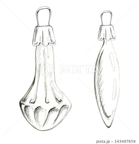 Pear and icicle Christmas ornament decorative bauble with gentle taper and classic seasonal look. Pencil hand drawn lines illustration. Holiday tags, winter invitations, packaging decor, craft sheets. 143497659