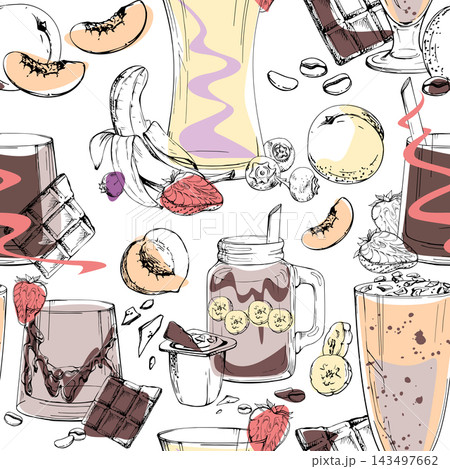 Seamless pattern of banana, berry, chocolate and peach beverages, assorted fruit toppings, cocoa milkshake glasses. Hand drawn ink vector. Ice cream wrappers, dessert placemats, party supply prints. Seamless pattern of banana, berry, chocolate and peach beverages, assorted fruit toppings, cocoa milkshake glasses. Hand drawn ink vector. Ice cream wrappers, dessert placemats, party supply prints. 143497662