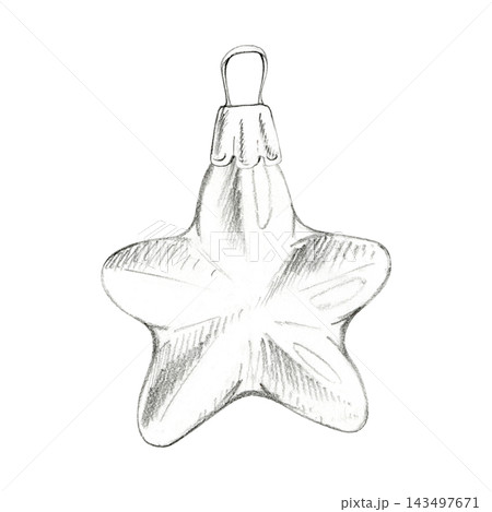 Star bauble Christmas ornament, celestial holiday accent for traditional tree styling. Hand drawn illustration in graphite pencil. Greeting cards, festive stickers, holiday posters, gift wrap designs. 143497671