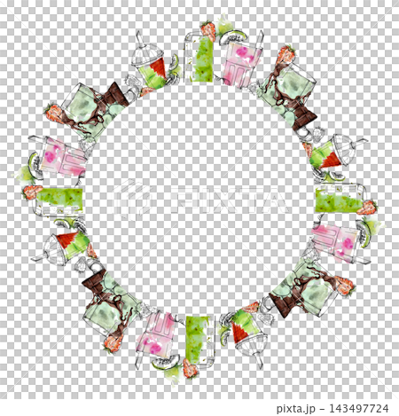 Detox kiwi, apple and strawberry smoothie glasses, chocolate bar garnish. Circular wreath hand drawn in ink line, watercolor. Wellness branding, healthy product packaging, recipe book decoration. Detox kiwi, apple and strawberry smoothie glasses, chocolate bar garnish. Circular wreath hand drawn in ink line, watercolor. Wellness branding, healthy product packaging, recipe book decoration. 143497724