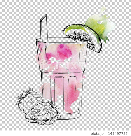 Strawberry smoothie, milkshake in faceted tumbler, kiwi slice garnish, straw. Isolated illustration hand drawn in ink outline, loose watercolor fill. Cafe menus, dessert promotions, fruit stationery. Strawberry smoothie, milkshake in faceted tumbler, kiwi slice garnish, straw. Isolated illustration hand drawn in ink outline, loose watercolor fill. Cafe menus, dessert promotions, fruit stationery. 143497725