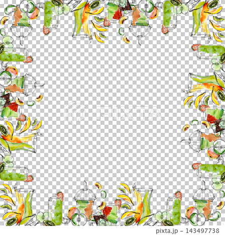 Bright green smoothie frame with refreshing fruit, citrus juice splashes, tropical sliced mango. Hand drawn ink line, watercolor wash. Fitness branding, detox promotions, healthy lifestyle materials. Bright green smoothie frame with refreshing fruit, citrus juice splashes, tropical sliced mango. Hand drawn ink line, watercolor wash. Fitness branding, detox promotions, healthy lifestyle materials. 143497738