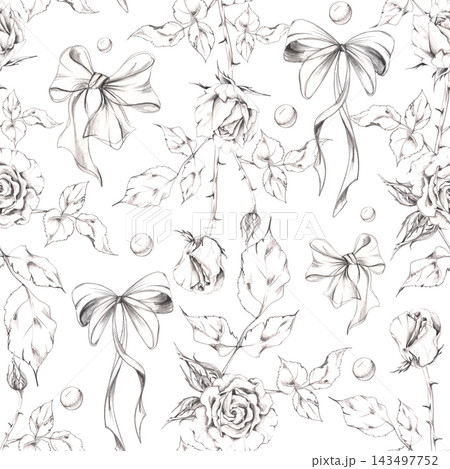 Hand drawn roses with silk ribbon bows, glass marbles hand drawn in delicate botanical pencil lines. Seamless pattern for Valentine packaging, romantic wallpapers, textile prints, handmade washi tape 143497752