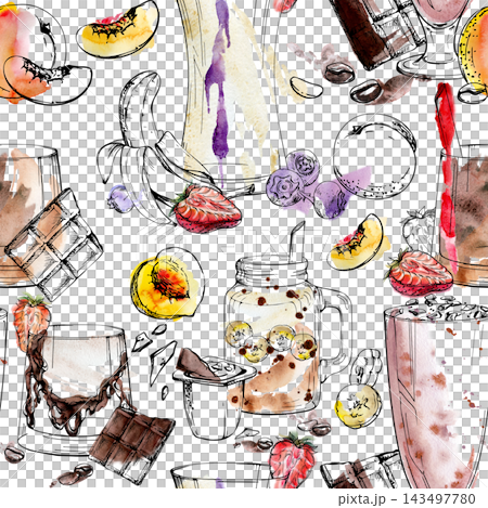Seamless smoothie pattern. Banana, berry, chocolate and creamy peach drinks hand drawn in ink outline, watercolor washes. Ice cream shop graphics, recipe cards, snack packaging, party decor materials. Seamless smoothie pattern. Banana, berry, chocolate and creamy peach drinks hand drawn in ink outline, watercolor washes. Ice cream shop graphics, recipe cards, snack packaging, party decor materials. 143497780