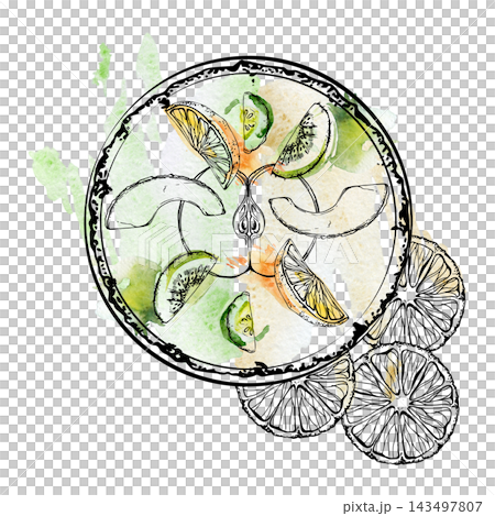 Green smoothie bowl of kiwi, cucumber slices, apple and avocado wedges, citrus wheels hand drawn in ink contour, loose watercolor. Health coaching material, detox advertising, fruit preparation guides Green smoothie bowl of kiwi, cucumber slices, apple and avocado wedges, citrus wheels hand drawn in ink contour, loose watercolor. Health coaching material, detox advertising, fruit preparation guides 143497807