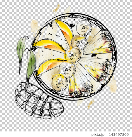 Smoothie bowl with radial topping of pineapple wedges, mango and banana slices. Isolated illustration hand drawn in watercolor, ink. Food styling references, nutrition visuals, menu composition guides Smoothie bowl with radial topping of pineapple wedges, mango and banana slices. Isolated illustration hand drawn in watercolor, ink. Food styling references, nutrition visuals, menu composition guides 143497809