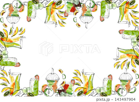 Green and orange smoothie frame of kiwi, apple and berry toppings. Hand drawn ink line, bright juicy watercolor splashes. Detox branding, wellness menus, organic product packaging, spa cafe signage. Green and orange smoothie frame of kiwi, apple and berry toppings. Hand drawn ink line, bright juicy watercolor splashes. Detox branding, wellness menus, organic product packaging, spa cafe signage. 143497904