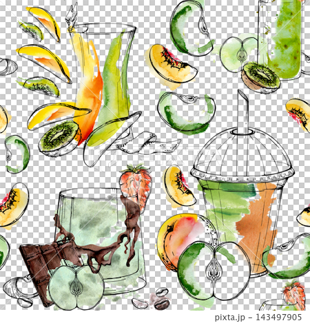 Seamless pattern of green smoothie, matcha glasses, kiwi exotic fruit, peach slices, apple pulp. Hand drawn watercolor brush strokes, ink contour. Reusable lunch bags, eco-friendly product wrapping. 143497905