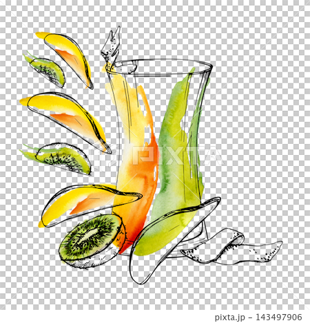Mango and kiwi smoothie layered in hurricane glass, citrus peel topping. Hand drawn ink outline, watercolor brush strokes. Tropical juice bar posters, resort beverage menus, exotic drink packaging. Mango and kiwi smoothie layered in hurricane glass, citrus peel topping. Hand drawn ink outline, watercolor brush strokes. Tropical juice bar posters, resort beverage menus, exotic drink packaging. 143497906