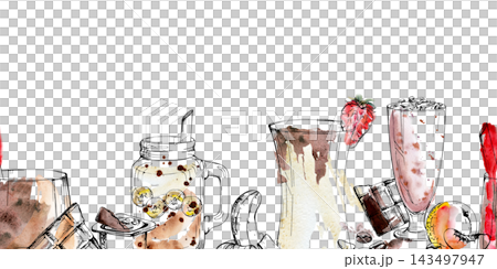 Peach, creamy banana, berry and chocolate smoothies or milkshakes. Seamless border hand drawn in ink, watercolor. Dessert menu headers, sweet branding, bakery wrapping paper, confectionery promotions. Peach, creamy banana, berry and chocolate smoothies or milkshakes. Seamless border hand drawn in ink, watercolor. Dessert menu headers, sweet branding, bakery wrapping paper, confectionery promotions. 143497947