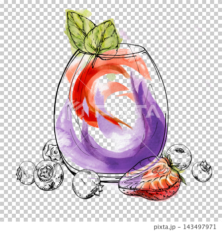 Strawberry and blueberry smoothie, juice in stemless wine glass with mint leaves garnish hand drawn in ink line, bold watercolor swirl. Brunch promotions, berry seasonal dessert menus, fruit labels. Strawberry and blueberry smoothie, juice in stemless wine glass with mint leaves garnish hand drawn in ink line, bold watercolor swirl. Brunch promotions, berry seasonal dessert menus, fruit labels. 143497971