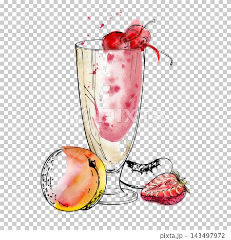 Strawberry and peach smoothie, creamy milkshake in curved highball glass with cherry berry on top. Isolated illustration hand drawn in watercolor and ink. Summer menu, cafe posters, farmers market 143497972