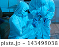 Forensic expert collecting a blood sample at a crime scene for laboratory analysis, DNA testing, criminal investigation, evidence examination, and justice. 143498038