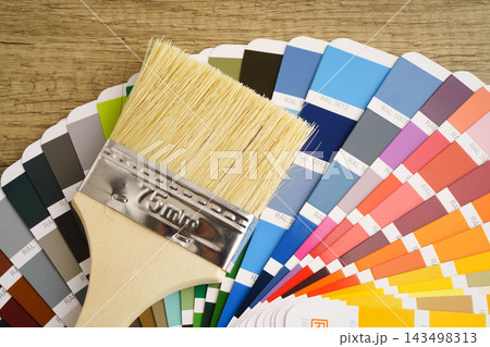Color palette guide catalog with brush tools for paint house. Color palette guide catalog with brush tools for paint house. 143498313