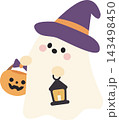 Cute Halloween Ghost Character Wearing Witch Hat Holding Lantern and Pumpkin Pail Cute Halloween Ghost Character Wearing Witch Hat Holding Lantern and Pumpkin Pail 143498450