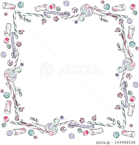 Assorted candy cane pops, liquorice twists, striped lollipops, round hard candies and colorful drops. Isolated hand drawn vector ink frame. Specialty food delivery, sugar-free confectionery catalogs Assorted candy cane pops, liquorice twists, striped lollipops, round hard candies and colorful drops. Isolated hand drawn vector ink frame. Specialty food delivery, sugar-free confectionery catalogs 143498526