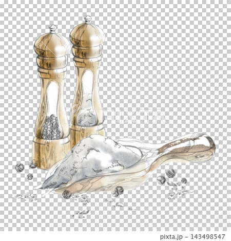 Wooden spice, salt scoop, pepper mill grinders, shaker, scattered peppercorns, handmade kitchen accessories. Isolated hand drawn pencil and watercolor illustration. Culinary artisan food resources Wooden spice, salt scoop, pepper mill grinders, shaker, scattered peppercorns, handmade kitchen accessories. Isolated hand drawn pencil and watercolor illustration. Culinary artisan food resources 143498547