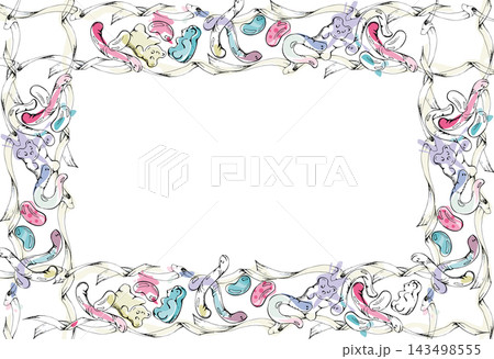 Gummy worms and bears, jelly beans with ribbons and bows, colorful chewy sweets with decorative strips, curled ribbons and playful confectionery embellishments. Isolated hand drawn vector ink frame. Gummy worms and bears, jelly beans with ribbons and bows, colorful chewy sweets with decorative strips, curled ribbons and playful confectionery embellishments. Isolated hand drawn vector ink frame. 143498555