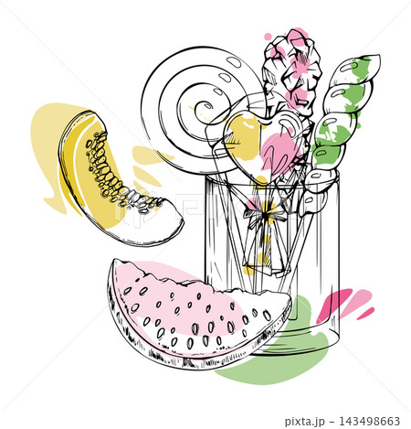 Bouquet of colorful lollipops in glass with melon and watermelon wedges, spiral candy pops, juicy summer fruit slices and sweet treats mix. Isolated hand drawn vector ink illustration. Nostalgic foods Bouquet of colorful lollipops in glass with melon and watermelon wedges, spiral candy pops, juicy summer fruit slices and sweet treats mix. Isolated hand drawn vector ink illustration. Nostalgic foods 143498663