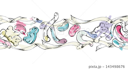 Assorted gummy candy, bear-shaped jellies, beans and wiggly worms in curled ribbons, bright chewy sweets with playful forms and translucent texture. Isolated hand drawn vector ink seamless banner. 143498676