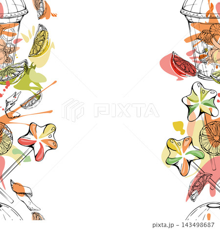 Star lollipops with assorted candy in plastic cup, orange zest, citrus confectionery, juice drops splashes, fruit wheels. Isolated hand drawn vector ink seamless banner. Prints, kitchen accessories 143498687