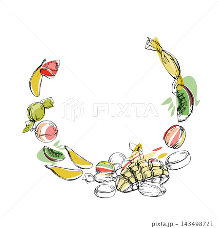 Exotic fruit candy mix, tropical mango, kiwi, pineapple and passionfruit slices, wrapped sugar drops, gummy jelly sweets. Isolated hand drawn vector ink wreath frame. Blog graphics, app interfaces 143498721