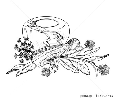 Mortar and pestle with basil, dill and chive flowers, aromatic culinary herbs and flowering seasoning plants arranged with rustic kitchen character. Isolated hand drawn vector ink illustration. 143498743