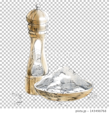 Wooden pepper mill seasoning tool, crushed salt powder in handmade bowl. Isolated hand drawn pencil and watercolor illustration. Gourmet cuisine, restaurant menu, culinary history, digital products. Wooden pepper mill seasoning tool, crushed salt powder in handmade bowl. Isolated hand drawn pencil and watercolor illustration. Gourmet cuisine, restaurant menu, culinary history, digital products. 143498768
