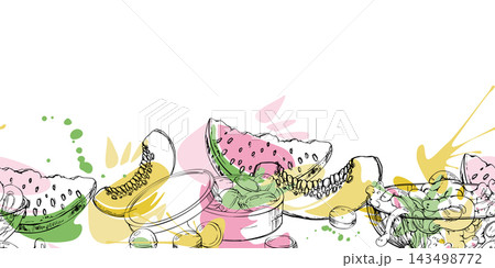 Hard candy with watermelon and melon wedges, glossy sugar sweets. Juicy rind fruit slices, summer confectionery assortment and fresh produce motifs. Isolated hand drawn vector ink seamless banner. Hard candy with watermelon and melon wedges, glossy sugar sweets. Juicy rind fruit slices, summer confectionery assortment and fresh produce motifs. Isolated hand drawn vector ink seamless banner. 143498772