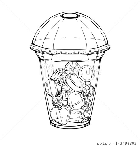 Hard candies in plastic cup with dome lid, boiled rock sweets and glossy sugar fruit drops packed in transparent takeaway container with rounded cover. Isolated hand drawn vector ink illustration. 143498803