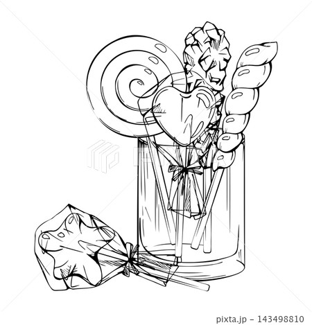 Lollipops mix in high glass, crystal pops on sticks in transparent vessel, spiral sweets, wrapped boiled confectionery. Isolated hand drawn vector ink illustration. Party favors menu, candy buffets 143498810