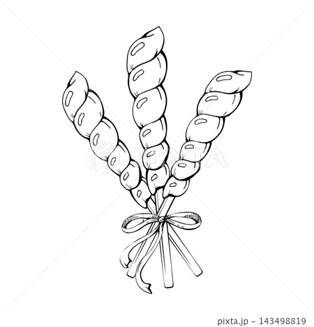 Bouquet of icicle lollipops, spiral candy pops on sticks, tied with ribbon bow. Decorative confectionery arrangement with bright swirled boiled sweets. Isolated hand drawn vector ink illustration. 143498819