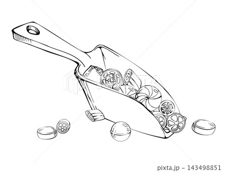 Hard candies in serving scoop, boiled fruit sweets and glossy sugar drops piled in small shovel shaped confectionery scoop, assorted traditional treats. Isolated hand drawn vector ink illustration. 143498851