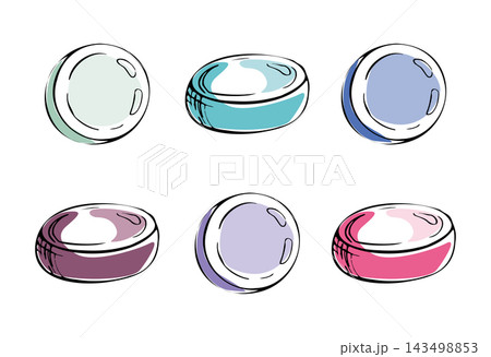 Colorful flat round candies, buttons, assorted hard sweets, cough-drop medicine, sugary confectionery drops. Isolated hand drawn vector ink illustration. Culinary heritage, traditional recipes Colorful flat round candies, buttons, assorted hard sweets, cough-drop medicine, sugary confectionery drops. Isolated hand drawn vector ink illustration. Culinary heritage, traditional recipes 143498853