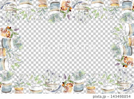 Glazed clay pots of basil, cilantro fragrant seasoning plants. Rosemary, sage and marjoram edible kitchen gardening. Isolated hand drawn pencil and watercolor frame. Herb DIY home decor, card template 143498854