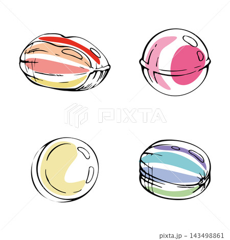 Glass beads, colorful spherical hard candies, polished sugar bonbons and round boiled sweets with translucent glossy surfaces. Isolated hand drawn vector ink illustration. Crafts, DIY projects Glass beads, colorful spherical hard candies, polished sugar bonbons and round boiled sweets with translucent glossy surfaces. Isolated hand drawn vector ink illustration. Crafts, DIY projects 143498861