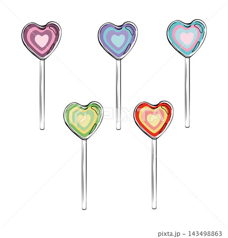 Heart-shaped lollipop on stick, romantic candy pop, sugar confection, decorative boiled sweet for celebrations, special occasions. Isolated hand drawn vector ink illustration. Valentines day, wedding 143498863